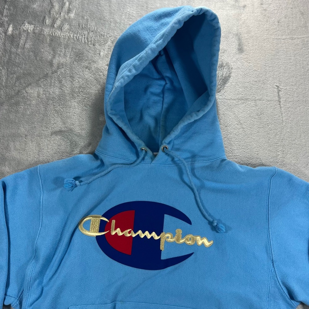 CHAMPION Reverse Weave Hoodie Mens Medium‎ Light Blue Good Big Logo Gold Script